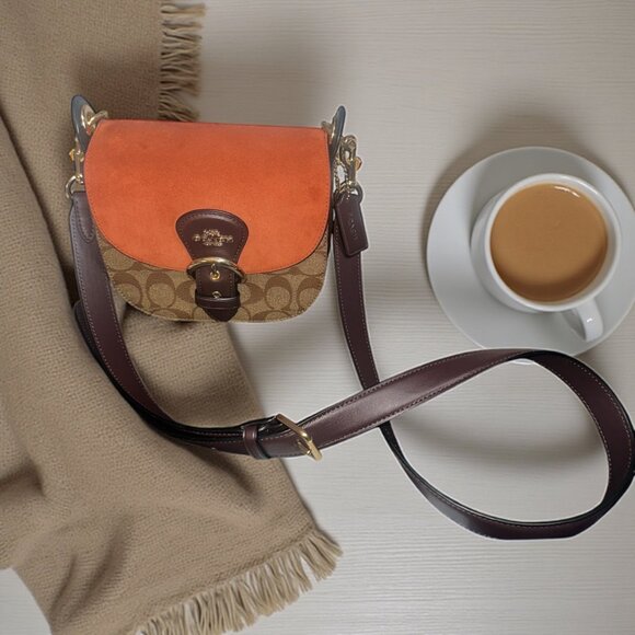 Coach Kleo 17 Bag C5691 Orange Suede Signature Canvas Convertible Handbag Fall - Picture 3 of 11